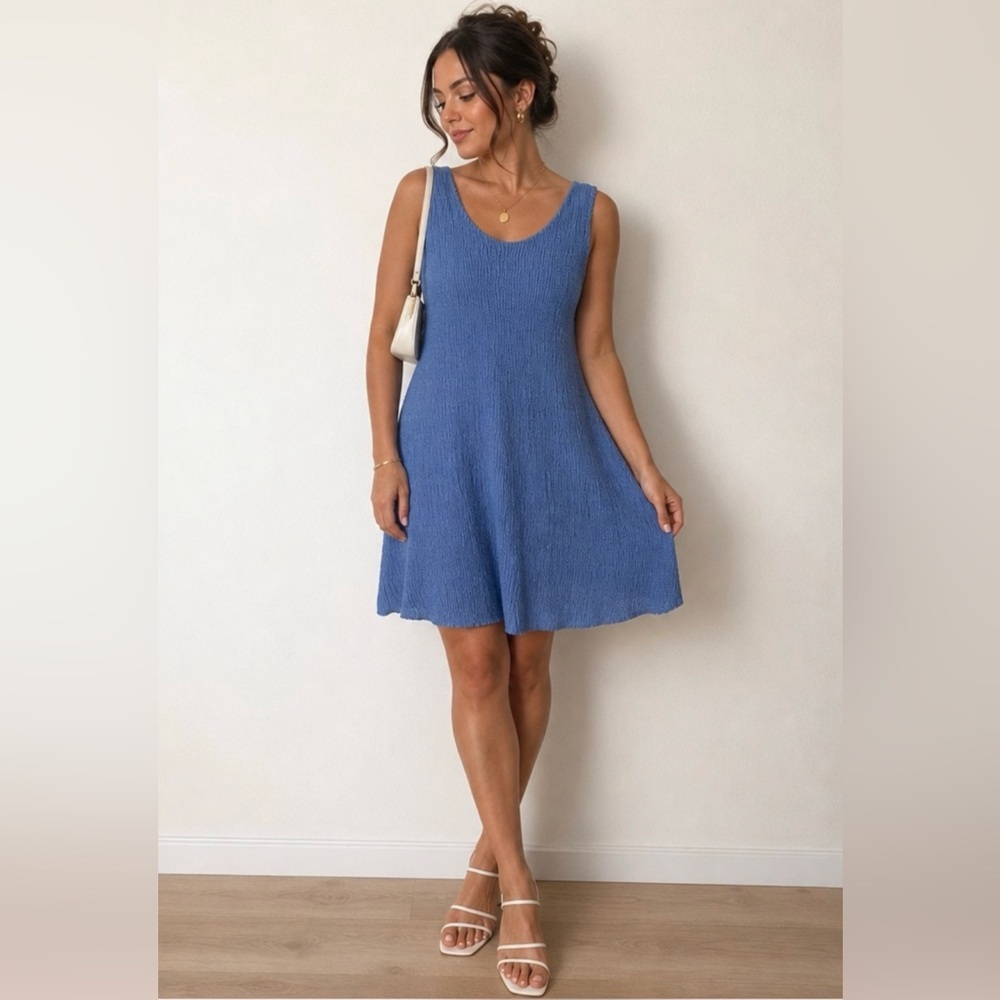Alquema Blue Pleated A-Line Dress Sleeveless Stretch Travel Wear OS Designer